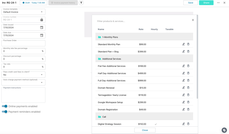 adding line item to invoice