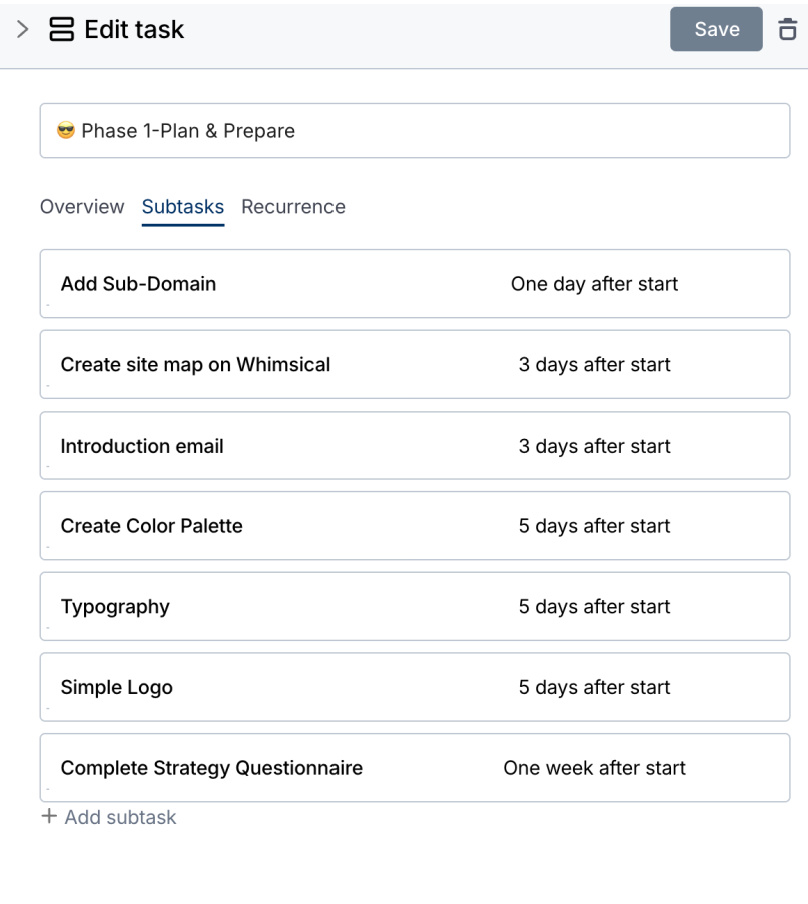 example of web design project template in moxie crm