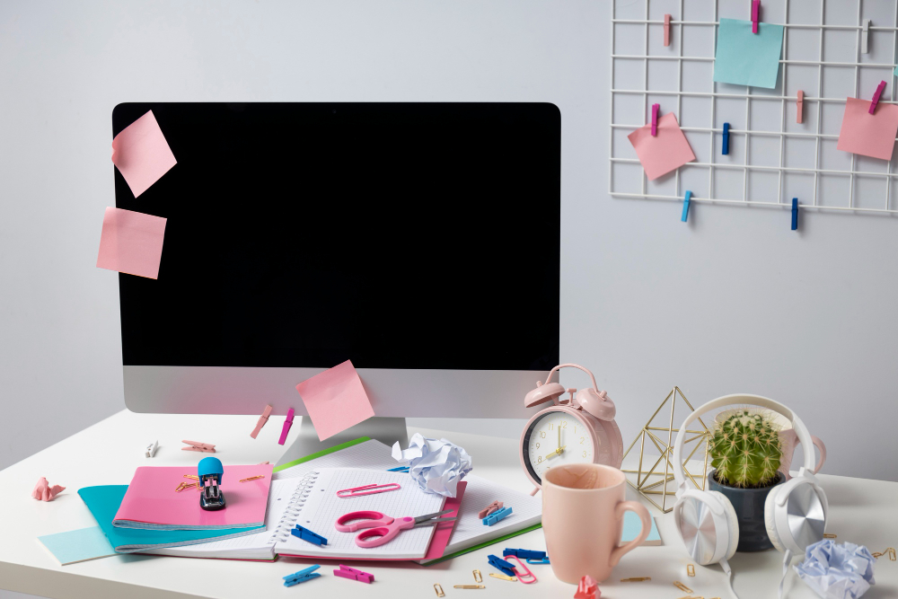 laptop clutter with sticky notes